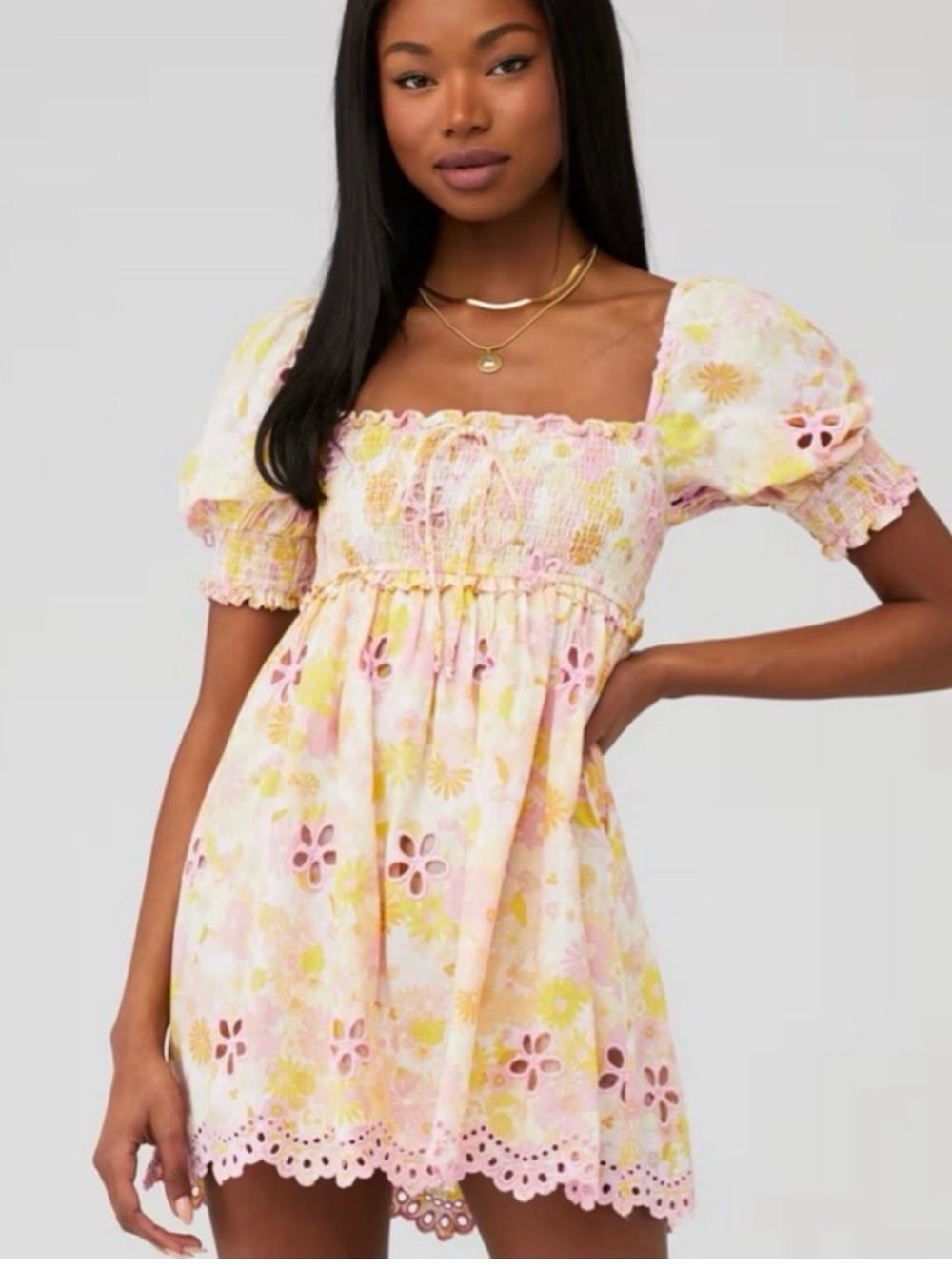 For Love & Lemons Floral Puff Sleeve Cutout Dress Size S Yellow Pink Cotton Mini